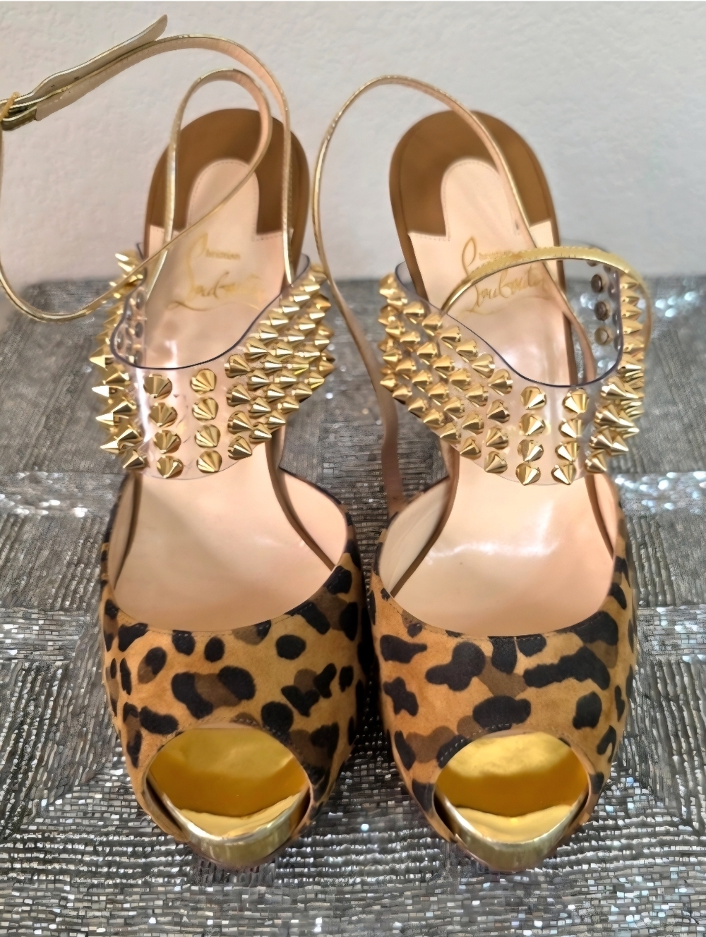 Christian Louboutin Levitagirl 120 Gold Spiked Leather Suede Leopard Heels EU39 - Picture 8 of 16